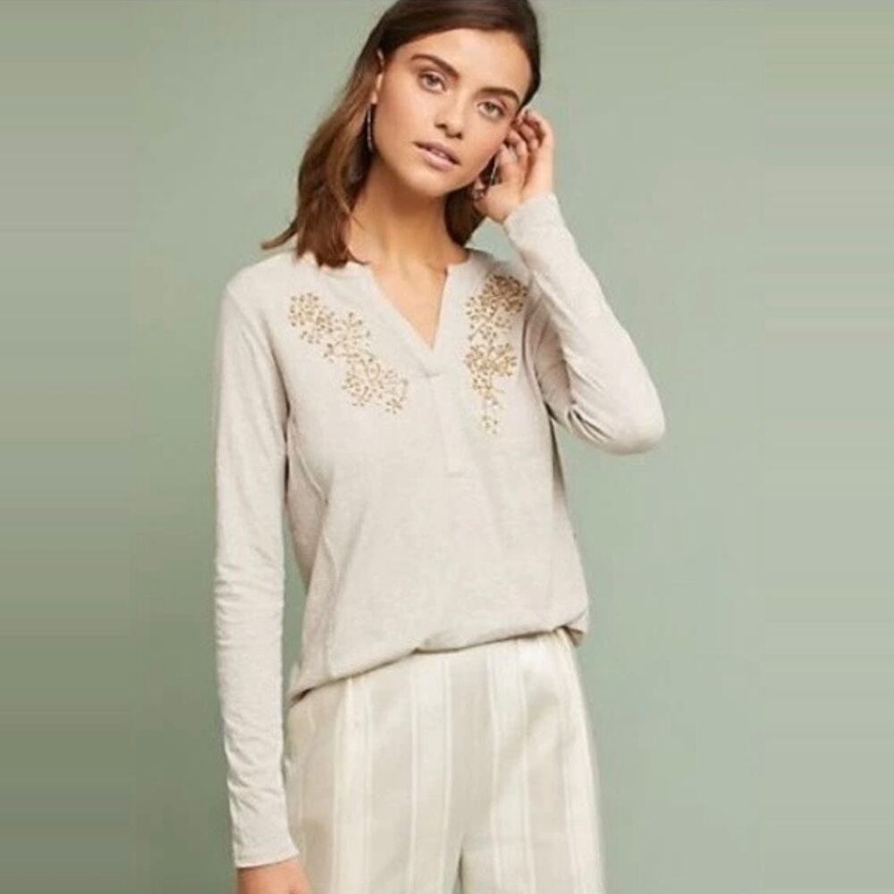 Anthropologie Akemi + Kin Sequin Beaded Henley Tee size XS Long Sleeve